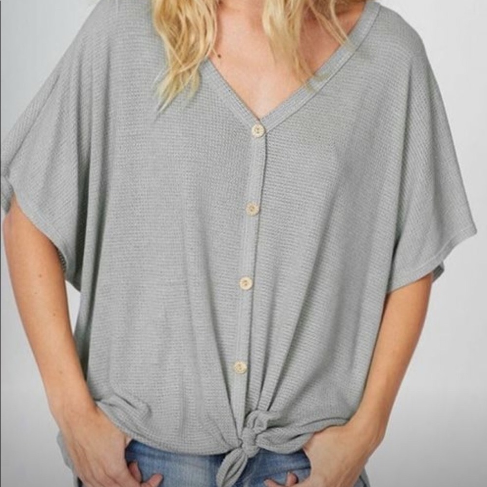 Waffle knit short sleeve button knot twist top - Picture 2 of 2